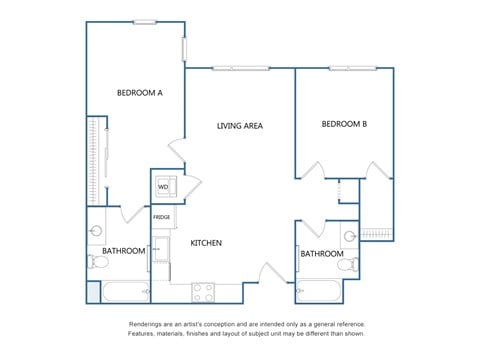 Floor plan for 2 beds, 2 baths, 998 sqft